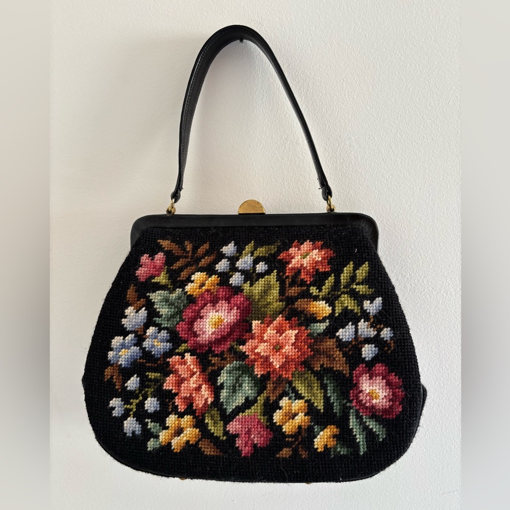 Vintage Floral Embroidered Black Handbag